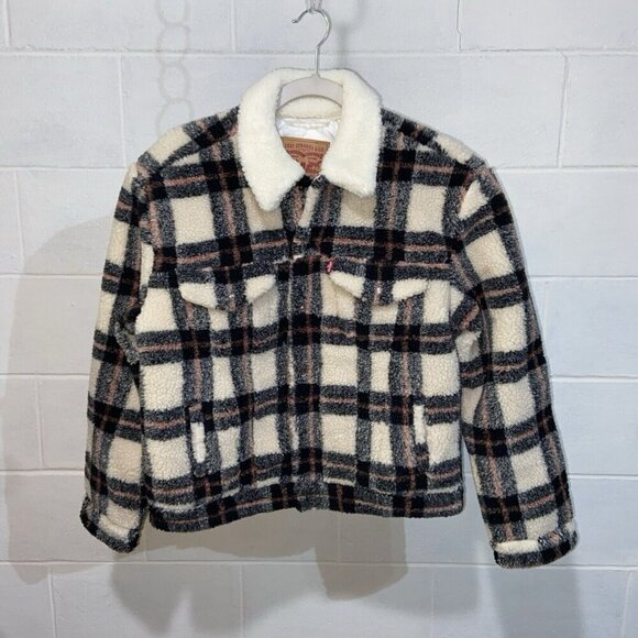 Levi's Women's SMALL Plaid Comfy Corner Ex-Boyfriend‎ Sherpa Trucker Jacket - Picture 1 of 8
